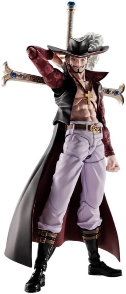 Action figure of a character with a long coat, hat, and sword on a white background One Piece: Dracule Mihawk (Hawk-Eye Ver.) Authentic S.H. Figuarts Fully Articulated Action Figure by Bandai Spirits