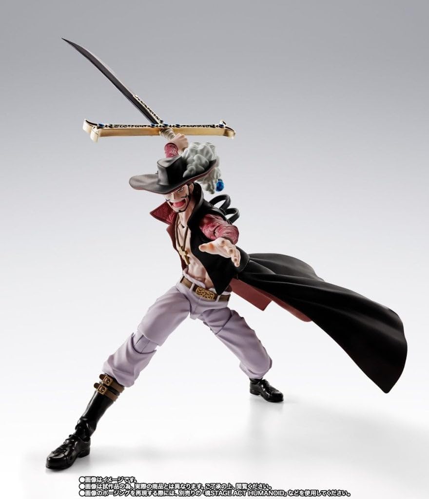 Action figure with a sword on a white background One Piece: Dracule Mihawk (Hawk-Eye Ver.) Authentic S.H. Figuarts Fully Articulated Action Figure by Bandai Spirits