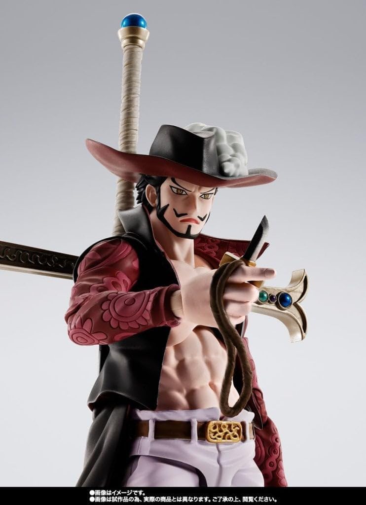 Action figure of a character with a hat and sword on a gray background One Piece: Dracule Mihawk (Hawk-Eye Ver.) Authentic S.H. Figuarts Fully Articulated Action Figure by Bandai Spirits