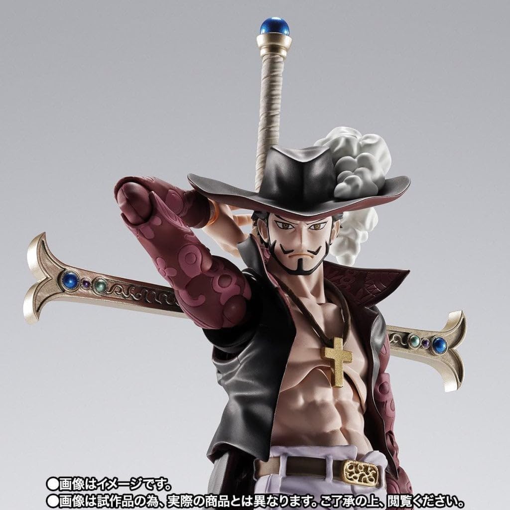 Action figure with a large sword on a gray background One Piece: Dracule Mihawk (Hawk-Eye Ver.) Authentic S.H. Figuarts Fully Articulated Action Figure by Bandai Spirits