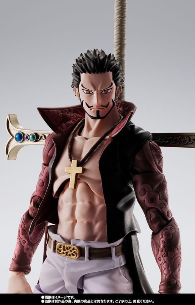 Action figure with a sword on a gray background One Piece: Dracule Mihawk (Hawk-Eye Ver.) Authentic S.H. Figuarts Fully Articulated Action Figure by Bandai Spirits