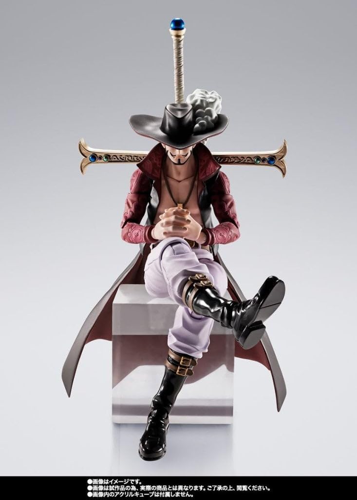 Action figure with a sword on a gray background One Piece: Dracule Mihawk (Hawk-Eye Ver.) Authentic S.H. Figuarts Fully Articulated Action Figure by Bandai Spirits