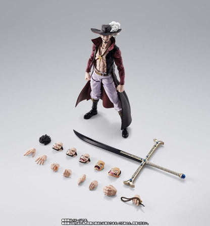 Action figure with accessories on a gray background One Piece: Dracule Mihawk (Hawk-Eye Ver.) Authentic S.H. Figuarts Fully Articulated Action Figure by Bandai Spirits