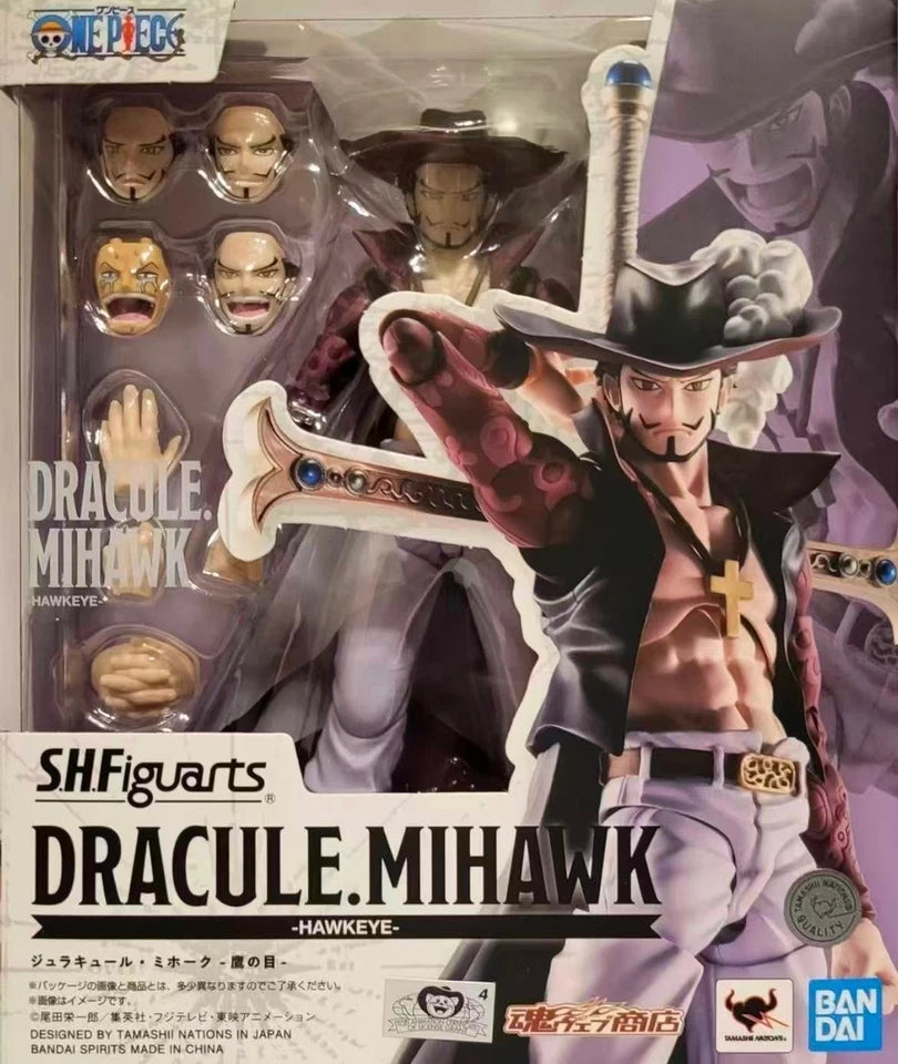 SHFiguarts Dracule Mihawk action figure packaging with multiple faces and weapon. One Piece: Dracule Mihawk (Hawk-Eye Ver.) Authentic S.H. Figuarts Fully Articulated Action Figure by Bandai Spirits
