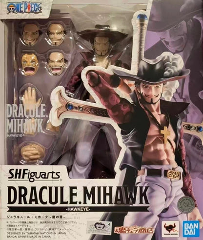 SHFiguarts Dracule Mihawk action figure packaging with multiple faces and weapon. One Piece: Dracule Mihawk (Hawk-Eye Ver.) Authentic S.H. Figuarts Fully Articulated Action Figure by Bandai Spirits