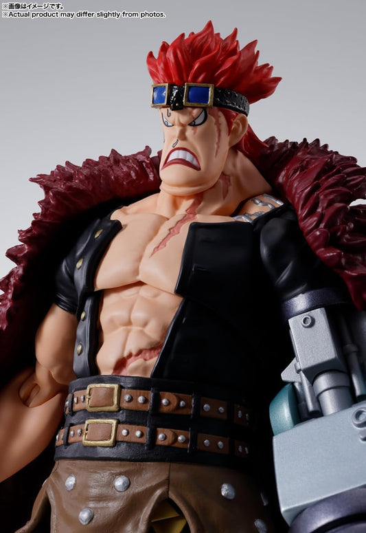 Action figure with red hair and black outfit on a gray background One Piece: Eustass Kid (The Raid on Onigashima Ver.) Authentic S.H. Figuarts Fully Articulated Action Figure by Bandai Spirits