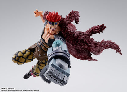 Action figure with red hair and large weapon on a white background One Piece: Eustass Kid (The Raid on Onigashima Ver.) Authentic S.H. Figuarts Fully Articulated Action Figure by Bandai Spirits 