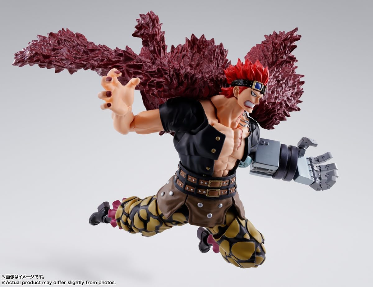 Action figure with red hair and large red hairpiece on a gray background One Piece: Eustass Kid (The Raid on Onigashima Ver.) Authentic S.H. Figuarts Fully Articulated Action Figure by Bandai Spirits