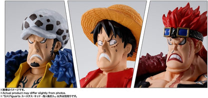 Three action figure figurines with distinct hairstyles and outfits on a gray background. One Piece: Eustass Kid (The Raid on Onigashima Ver.) Authentic S.H. Figuarts Fully Articulated Action Figure by Bandai Spirits