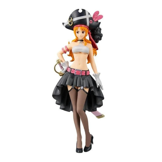 Anime character figurine with a black hat and outfit on a white background One Piece Film Red: Nami (The Grandline Lady Vol.3) Authentic 19cm PVC Exhibition Scale Statue by Banpresto
