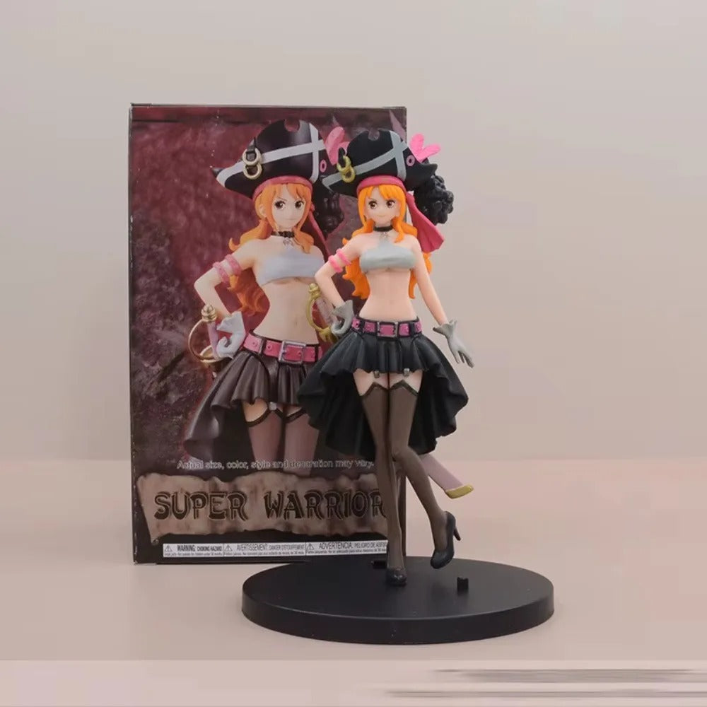 Anime character figurine with pirate-themed outfit in front of its packaging One Piece Film Red: Nami (The Grandline Lady Vol.3) Authentic 19cm PVC Exhibition Scale Statue by Banpresto