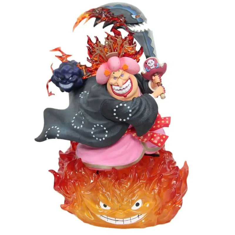 Colorful figurine with flames and a character in a black outfit on a white background One Piece: Four Emperors Big Mom Charlotte Linlin 26cm Premium Statue – Soul King Climax Combat Edition for Collectors & Media Rooms