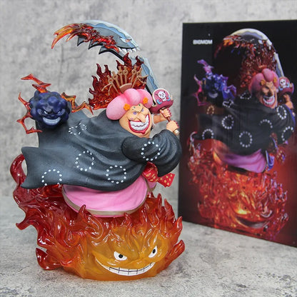 Colorful figurine with a character holding a sword, set against a gray background. One Piece: Four Emperors Big Mom Charlotte Linlin 26cm Premium Statue – Soul King Climax Combat Edition for Collectors & Media Rooms