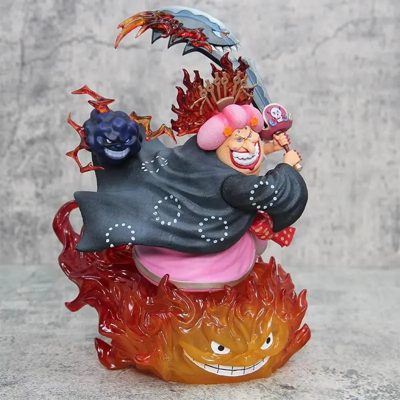 Colorful figurine with a character holding a large weapon on a gray background One Piece: Four Emperors Big Mom Charlotte Linlin 26cm Premium Statue – Soul King Climax Combat Edition for Collectors & Media Rooms