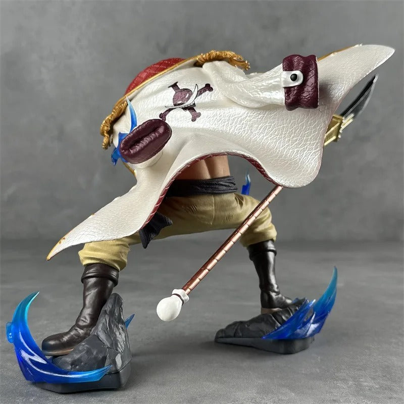 Action figure with a large white coat and a staff on a gray background One Piece: Four Emperors Whitebeard Edward Newgate 13cm Premium Figure – Marineford Climax Battle Edition