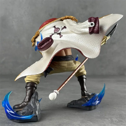 Action figure with a large white coat and a staff on a gray background One Piece: Four Emperors Whitebeard Edward Newgate 13cm Premium Figure – Marineford Climax Battle Edition