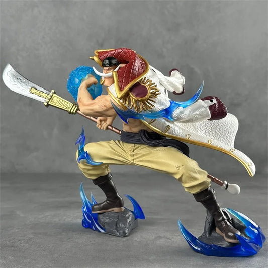 Action figure of a warrior with a sword on a gray background One Piece: Four Emperors Whitebeard Edward Newgate 13cm Premium Figure – Marineford Climax Battle Edition