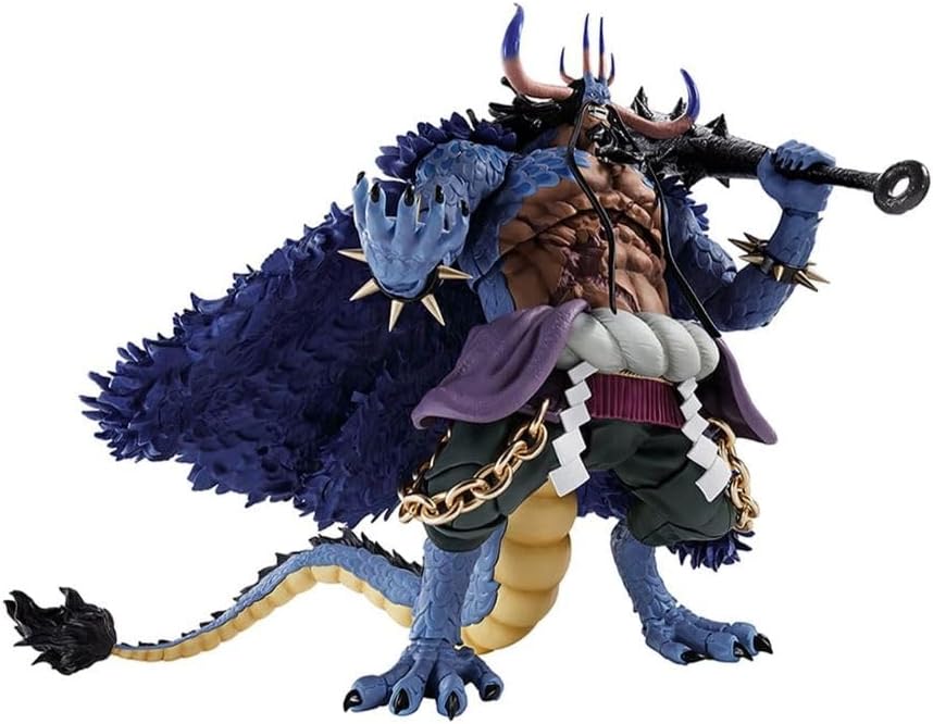 Action figure of a fantasy creature with blue fur, horns, and a weapon on a white background One Piece: Kaido - King of the Beasts (Man-Beast Form) Authentic S.H. Figuarts Colossal Fully Articulated Action Figure by Bandai Spirits
