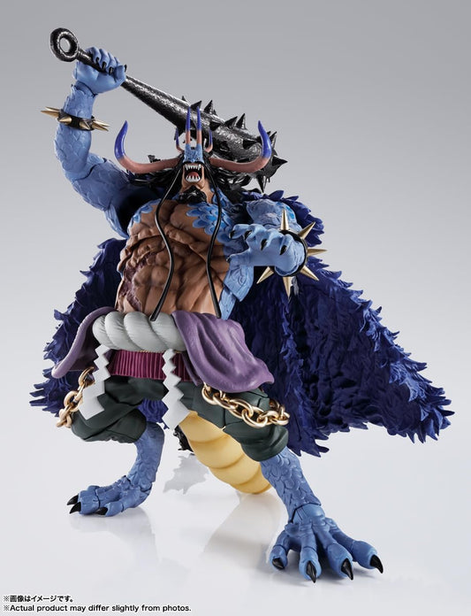Action figure with blue fur and large weapon on a gray background One Piece: Kaido - King of the Beasts (Man-Beast Form) Authentic S.H. Figuarts Colossal Fully Articulated Action Figure by Bandai Spirits