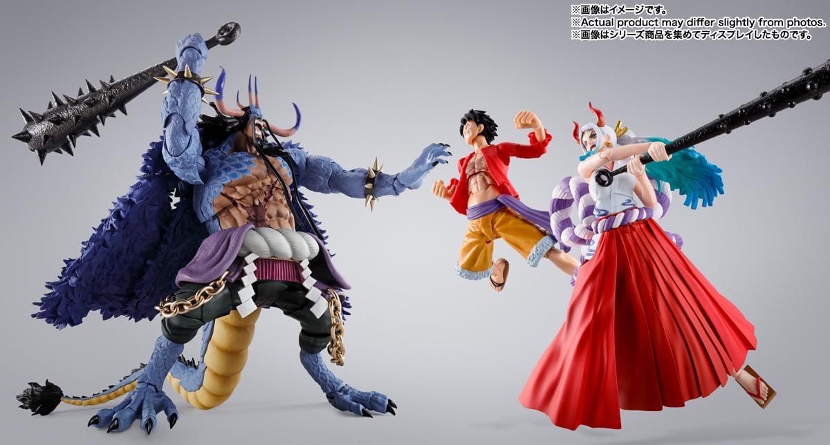 Action figures of a large blue creature and two smaller characters on a gray background One Piece: Kaido - King of the Beasts (Man-Beast Form) Authentic S.H. Figuarts Colossal Fully Articulated Action Figure by Bandai Spirits