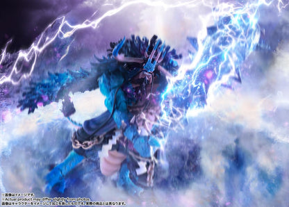 Animated character with blue and black outfit surrounded by energy effects One Piece: Kaido - King of the Beasts (Man-Beast Form) Authentic S.H. Figuarts Colossal Fully Articulated Action Figure by Bandai Spirits