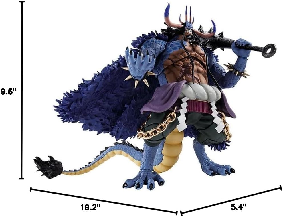 Action figure with measurements on a white background One Piece: Kaido - King of the Beasts (Man-Beast Form) Authentic S.H. Figuarts Colossal Fully Articulated Action Figure by Bandai Spirits