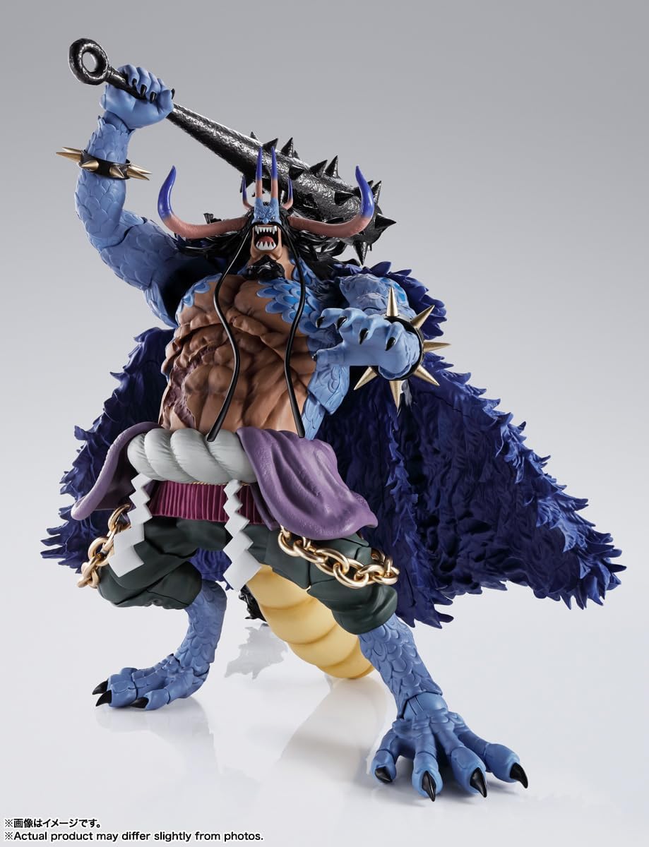 Action figure with blue fur and large weapon on a gray background One Piece: Kaido - King of the Beasts (Man-Beast Form) Authentic S.H. Figuarts Colossal Fully Articulated Action Figure by Bandai Spirits