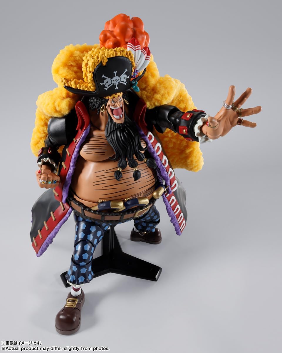 Action figure with a yellow fur coat and red hat on a gray background One Piece: Marshall D. Teach Blackbeard (Four Emperors Ver.) Authentic S.H. Figuarts Colossal Fully Articulated Action Figure by Bandai Spirits