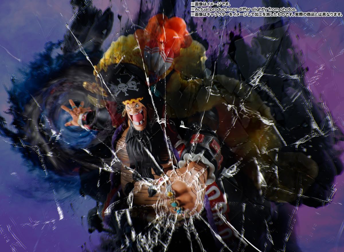 Colorful character with a hat and scarf against a dark, abstract background One Piece: Marshall D. Teach Blackbeard (Four Emperors Ver.) Authentic S.H. Figuarts Colossal Fully Articulated Action Figure by Bandai Spirits