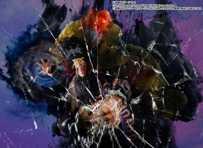 Colorful character with a hat and scarf against a dark, abstract background One Piece: Marshall D. Teach Blackbeard (Four Emperors Ver.) Authentic S.H. Figuarts Colossal Fully Articulated Action Figure by Bandai Spirits