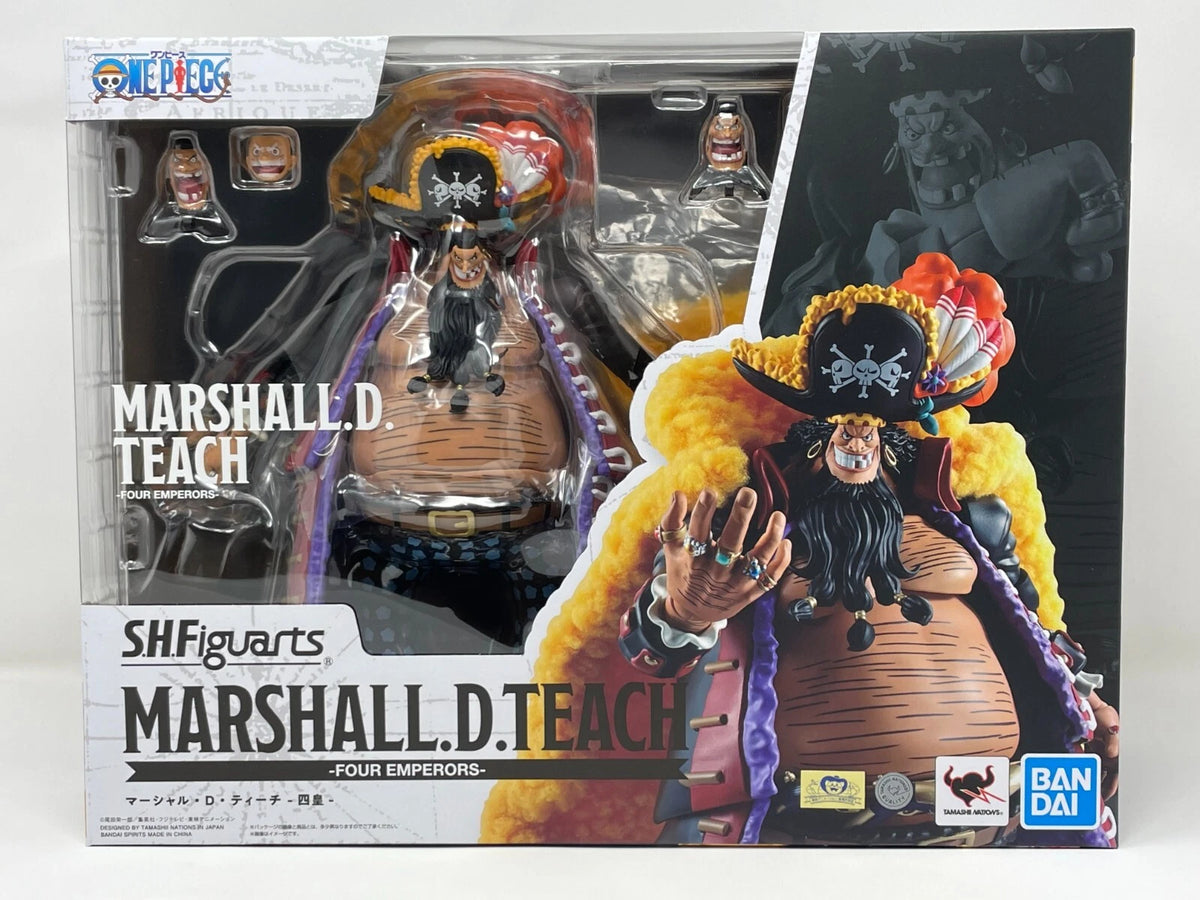 SHFiguarts Marshall.D Teach action figure packaging with BANDAI branding One Piece: Marshall D. Teach Blackbeard (Four Emperors Ver.) Authentic S.H. Figuarts Colossal Fully Articulated Action Figure by Bandai Spirits