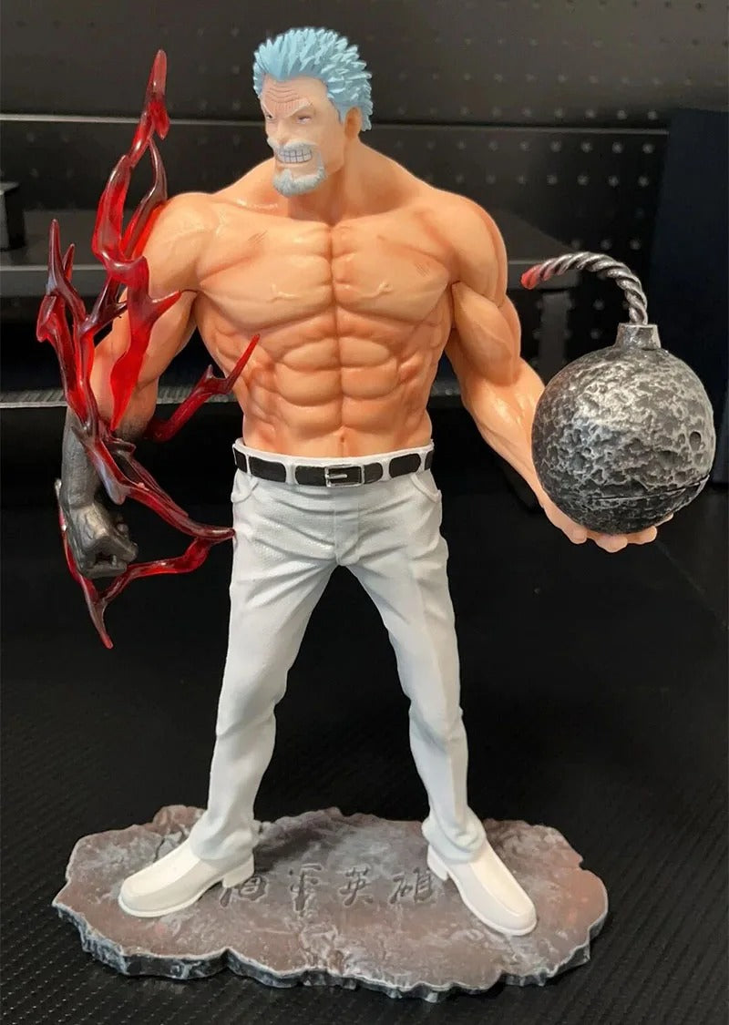 Muscular figure with blue hair holding a bomb and red object on a black background One Piece: Monkey D. Garp (Fighting Iron Fist Ver.) Authentic 13.8-Inch PVC Showcase Scale Statue – Choose Your Generation: Prime Black Hair, Legendary White Hair, or the Ultimate Dual-Era Fleet Bundle