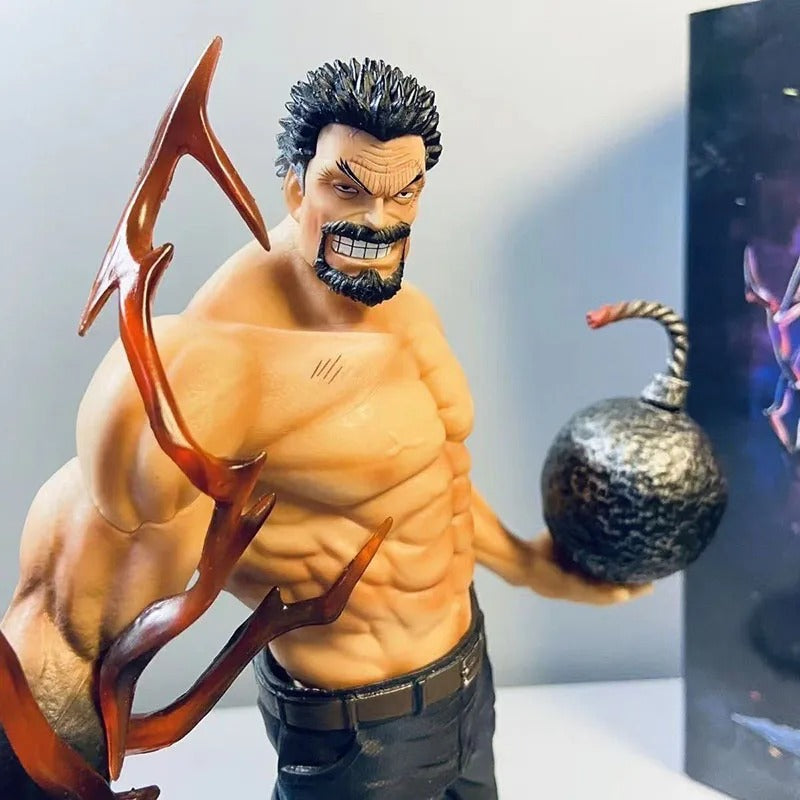 Muscular figure with a weapon and bomb in front of a screen displaying colorful graphics. One Piece: Monkey D. Garp (Fighting Iron Fist Ver.) Authentic 13.8-Inch PVC Showcase Scale Statue – Choose Your Generation: Prime Black Hair, Legendary White Hair, or the Ultimate Dual-Era Fleet Bundle