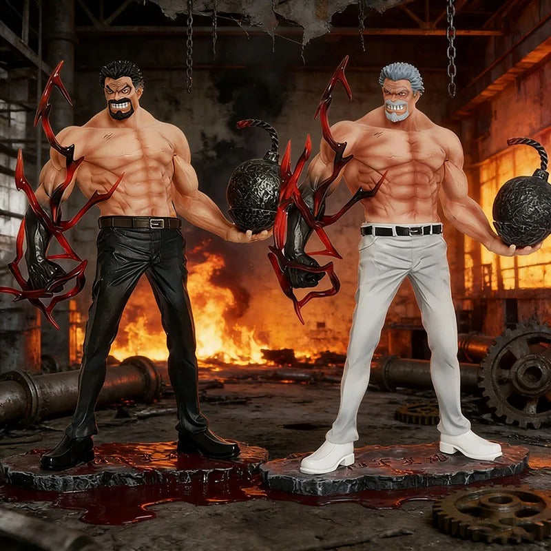 Two muscular figures with weapons in an industrial setting One Piece: Monkey D. Garp (Fighting Iron Fist Ver.) Authentic 13.8-Inch PVC Showcase Scale Statue – Choose Your Generation: Prime Black Hair, Legendary White Hair, or the Ultimate Dual-Era Fleet Bundle