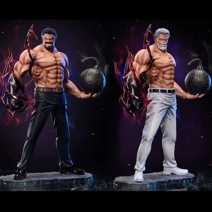 Two muscular statues holding weapons on a dark background One Piece: Monkey D. Garp (Fighting Iron Fist Ver.) Authentic 13.8-Inch PVC Showcase Scale Statue – Choose Your Generation: Prime Black Hair, Legendary White Hair, or the Ultimate Dual-Era Fleet Bundle