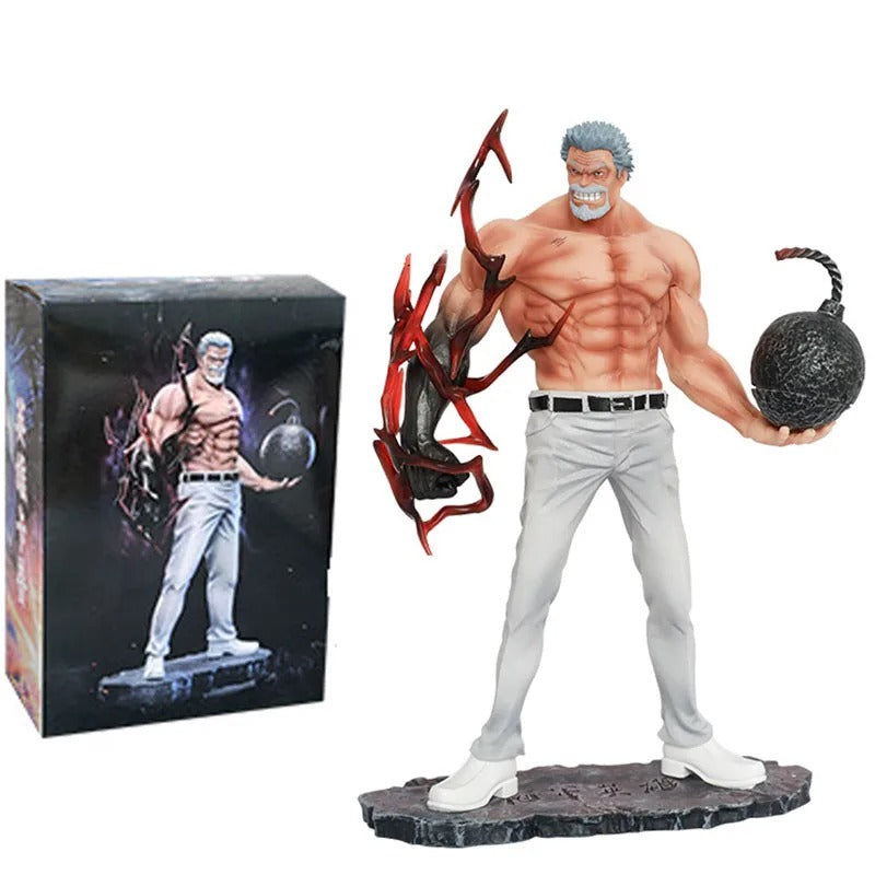 Muscular figure holding a weapon and a bomb with packaging in the background One Piece: Monkey D. Garp (Fighting Iron Fist Ver.) Authentic 13.8-Inch PVC Showcase Scale Statue – Choose Your Generation: Prime Black Hair, Legendary White Hair, or the Ultimate Dual-Era Fleet Bundle