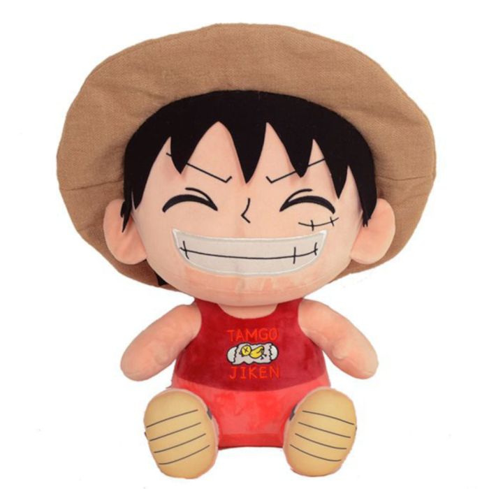 Plush toy of a character with a brown hat and red shirt on a white background One Piece: Monkey D. Luffy Authentic Sakami 25cm Premium Plush