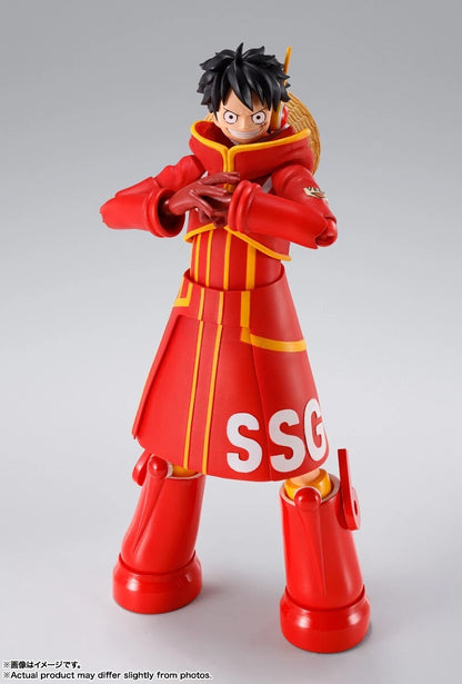 Red and yellow superhero-like figure with 'SSG' on a gray background One Piece: Monkey D. Luffy (Future Island Egghead Ver.) Authentic S.H. Figuarts Fully Articulated Action Figure by Bandai Spirits