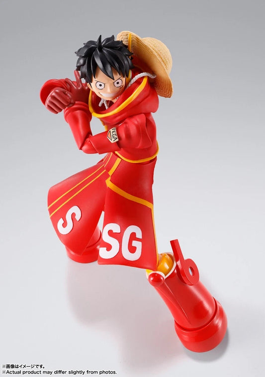 Action figure in red outfit with 'SG' on a gray background One Piece: Monkey D. Luffy (Future Island Egghead Ver.) Authentic S.H. Figuarts Fully Articulated Action Figure by Bandai Spirits