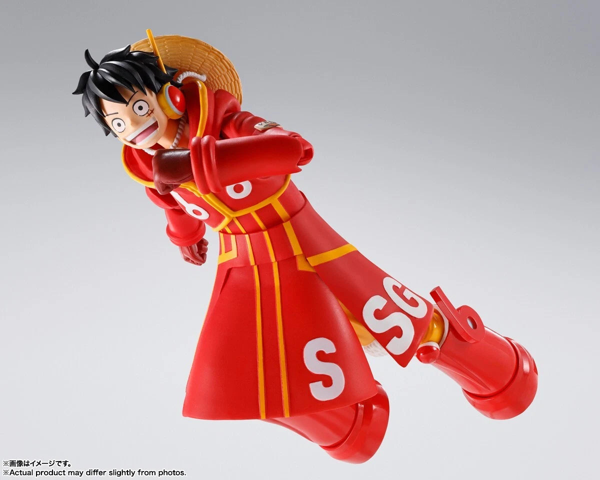 Action figure in a red outfit with yellow accents on a gray background One Piece: Monkey D. Luffy (Future Island Egghead Ver.) Authentic S.H. Figuarts Fully Articulated Action Figure by Bandai Spirits