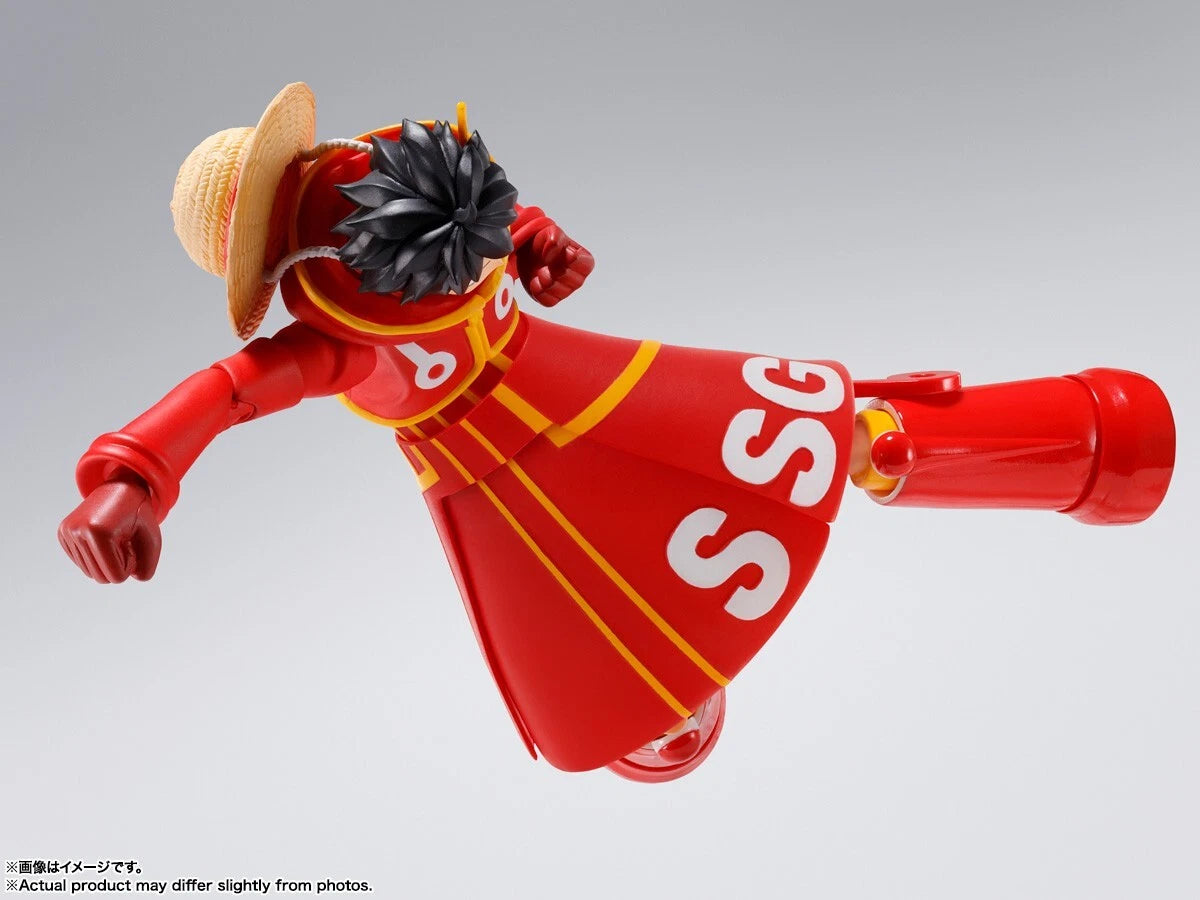 Action figure in red outfit with 'SG' on a gray background One Piece: Monkey D. Luffy (Future Island Egghead Ver.) Authentic S.H. Figuarts Fully Articulated Action Figure by Bandai Spirits
