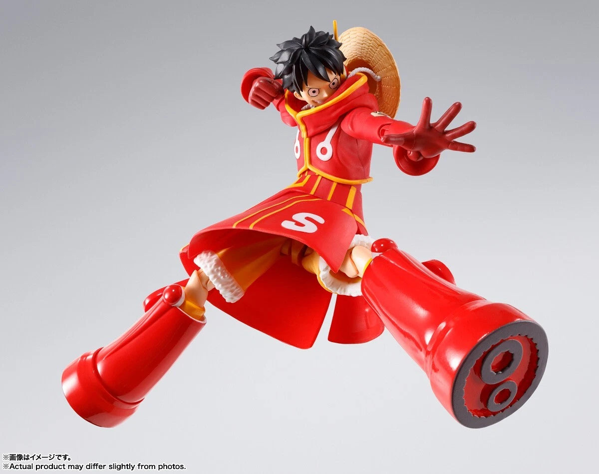 Action figure in red outfit with large boots on a gray background One Piece: Monkey D. Luffy (Future Island Egghead Ver.) Authentic S.H. Figuarts Fully Articulated Action Figure by Bandai Spirits