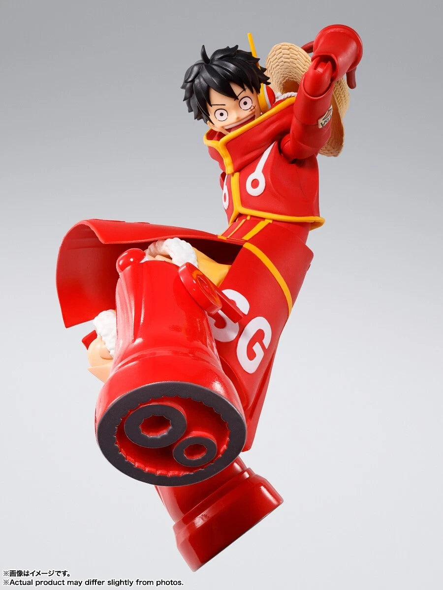 Action figure in red outfit with cape on a gray background One Piece: Monkey D. Luffy (Future Island Egghead Ver.) Authentic S.H. Figuarts Fully Articulated Action Figure by Bandai Spirits