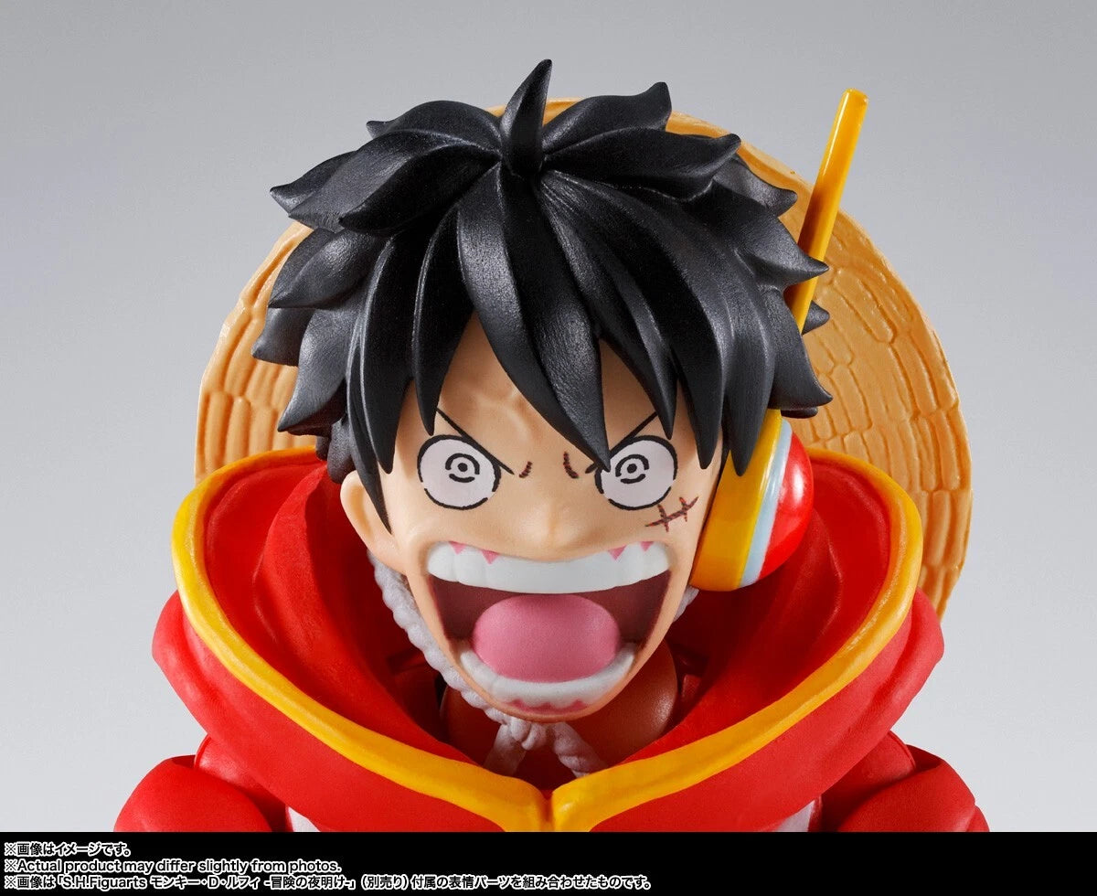 Action figure with black hair and red outfit on a gray background One Piece: Monkey D. Luffy (Future Island Egghead Ver.) Authentic S.H. Figuarts Fully Articulated Action Figure by Bandai Spirits
