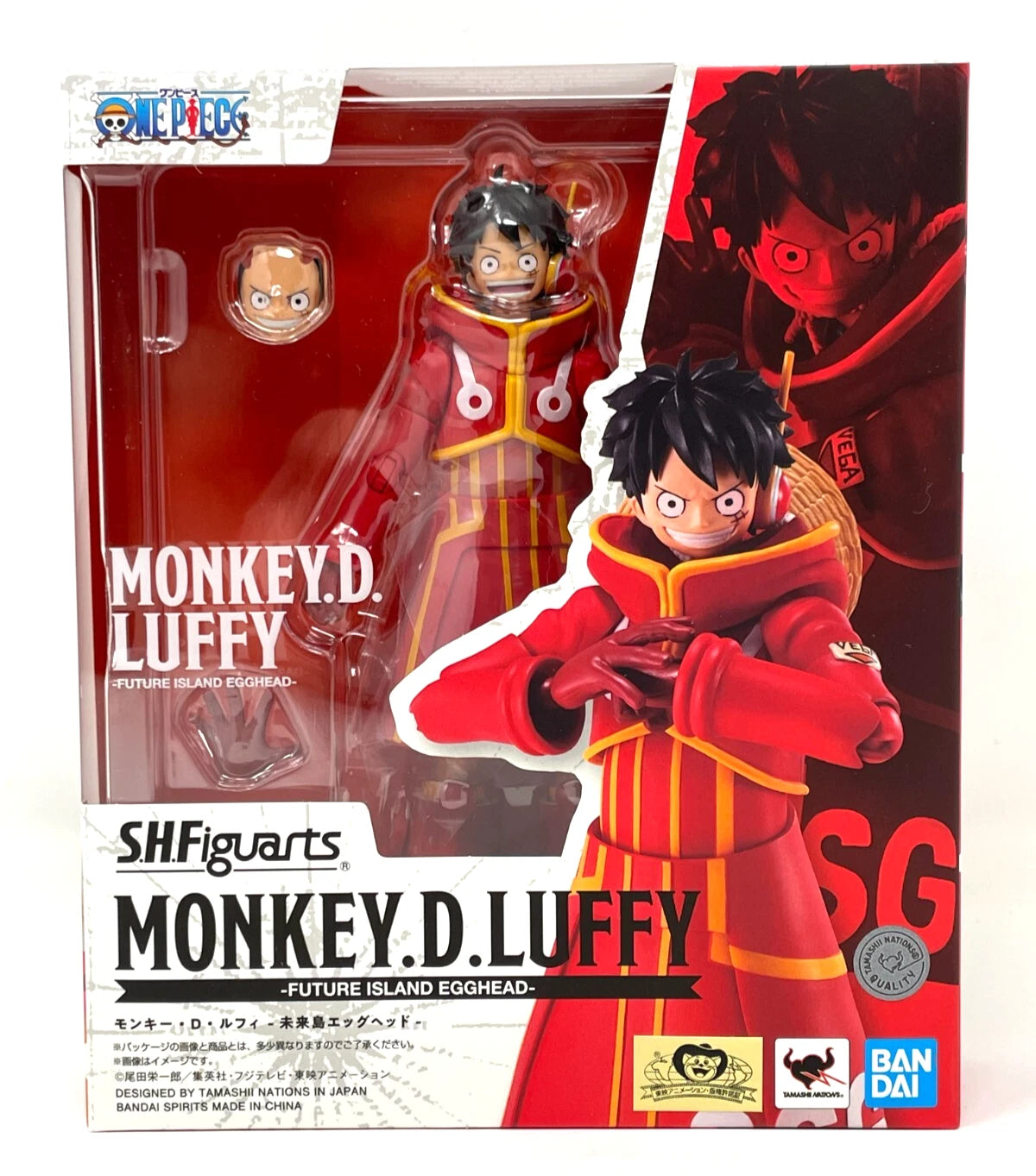 SHFiguarts Monkey D. Luffy action figure packaging with character illustration One Piece: Monkey D. Luffy (Future Island Egghead Ver.) Authentic S.H. Figuarts Fully Articulated Action Figure by Bandai Spirits