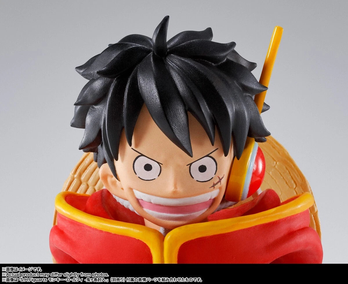 Close-up of a figurine with black hair and red and yellow outfit on a gray background One Piece: Monkey D. Luffy (Future Island Egghead Ver.) Authentic S.H. Figuarts Fully Articulated Action Figure by Bandai Spirits