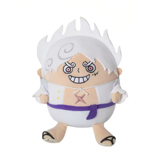 Plush toy of a character with white hair and purple belt on a white background One Piece: Monkey D. Luffy Gear 5 (Joy Boy Round Ver.) Premium 18cm Ball Plush