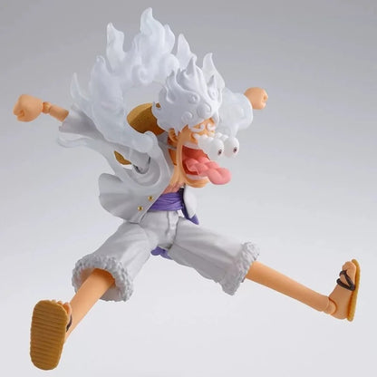 Action figure of a character with white hair and a purple outfit on a gray background One Piece: Monkey D. Luffy Gear 5 (Sun God Nika Ver.) Authentic S.H. Figuarts Fully Articulated Action Figure by Bandai Spirits