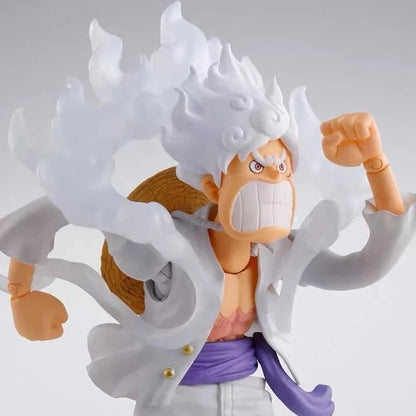 Action figure with white hair and a purple outfit on a gray background One Piece: Monkey D. Luffy Gear 5 (Sun God Nika Ver.) Authentic S.H. Figuarts Fully Articulated Action Figure by Bandai Spirits
