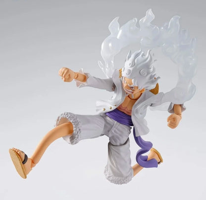 Action figure with white hair and a purple scarf on a gray background One Piece: Monkey D. Luffy Gear 5 (Sun God Nika Ver.) Authentic S.H. Figuarts Fully Articulated Action Figure by Bandai Spirits